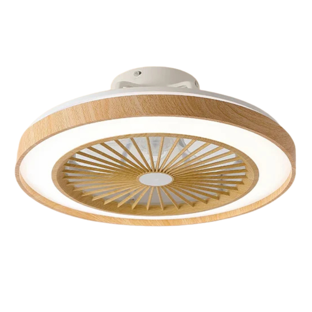 Moderne plafondventilator met houtlook en lichtring met afstandsbediening