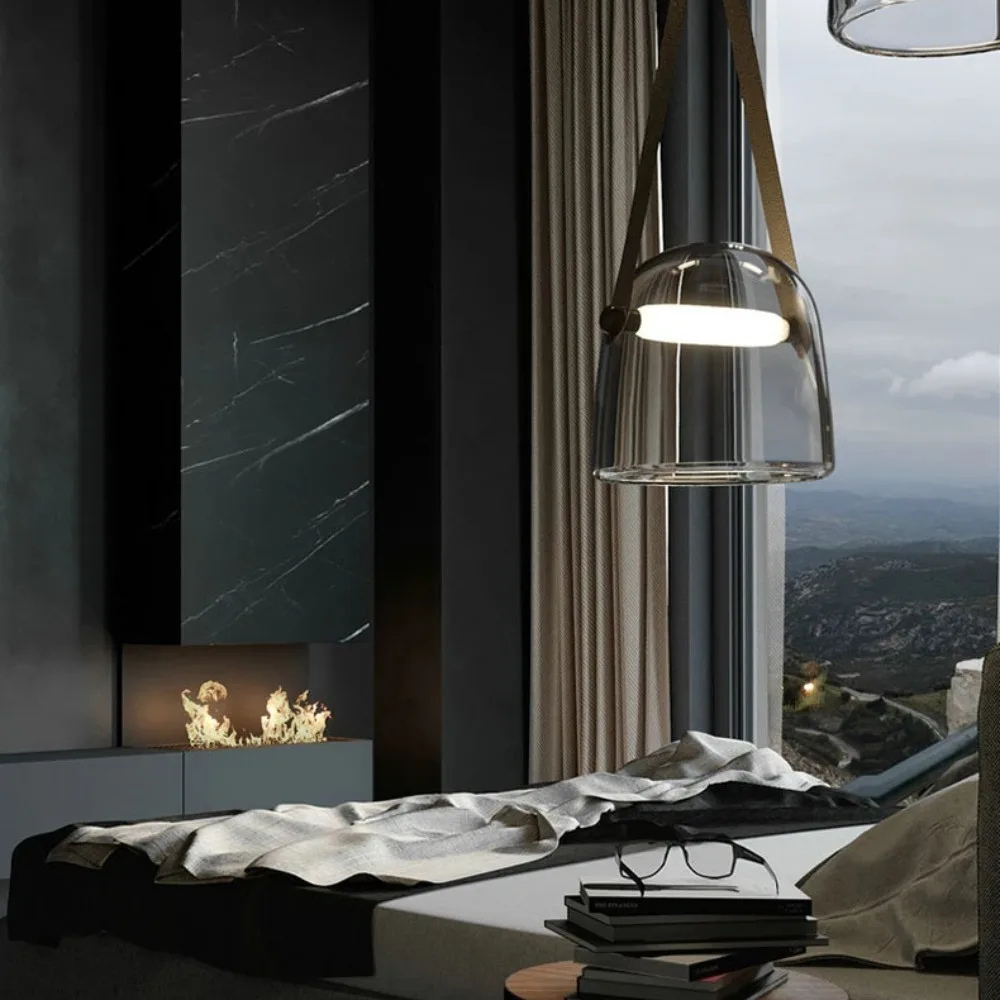 Design hanglamp glas met leren band