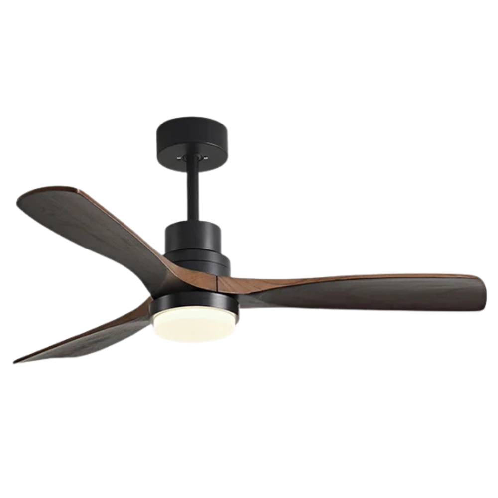 Design plafondventilator met houten bladen en LED lamp