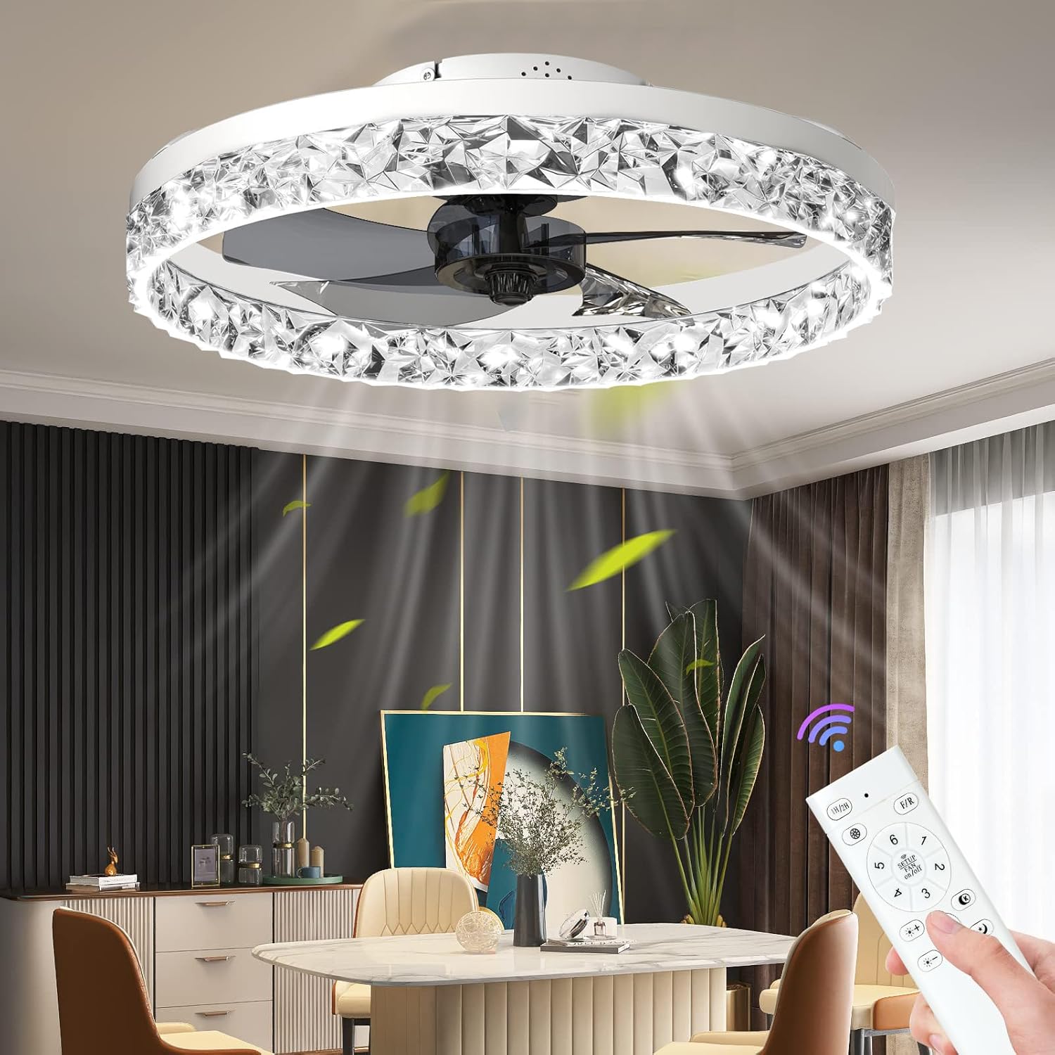 Design plafondventilator met kristallen rand en dimbare LED lamp