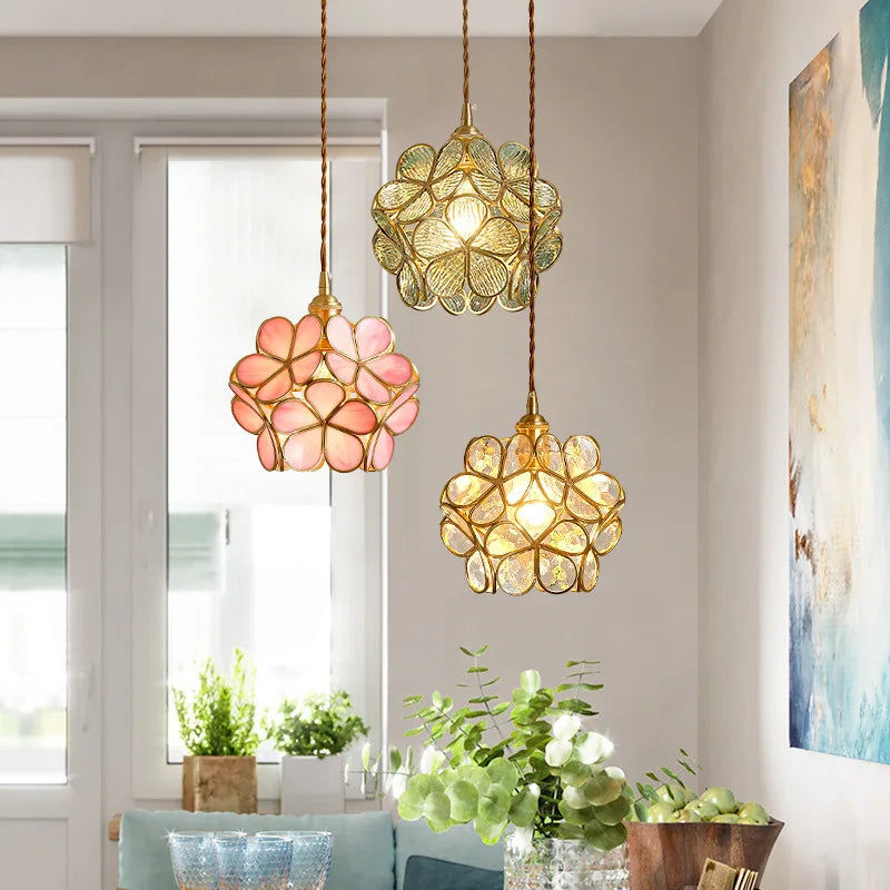 Glazen Hanglamp Bloem Vitrail Stijl Gekleurd Messing
