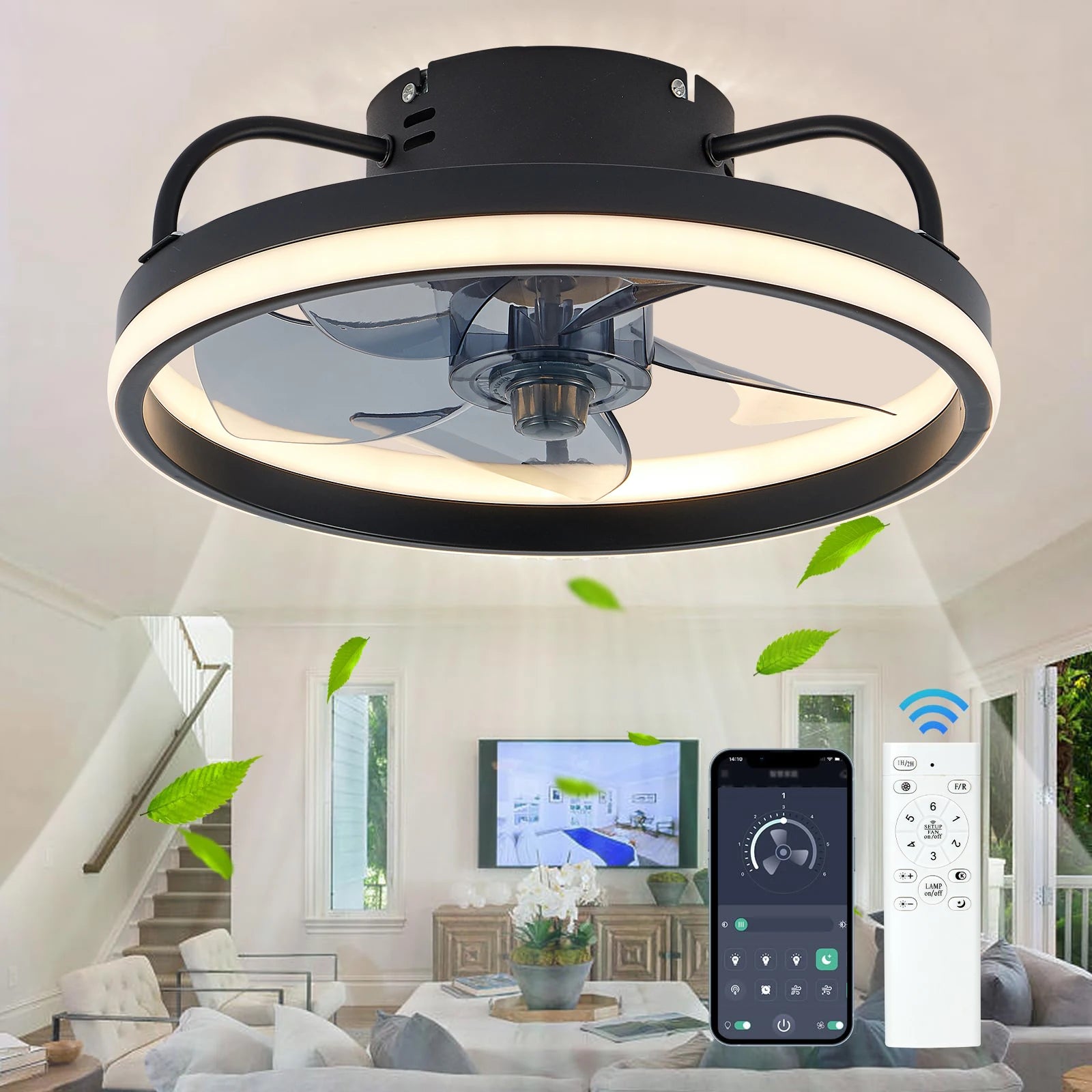 Compacte plafondventilator Smart met dimbare LED lamp en afstandsbediening