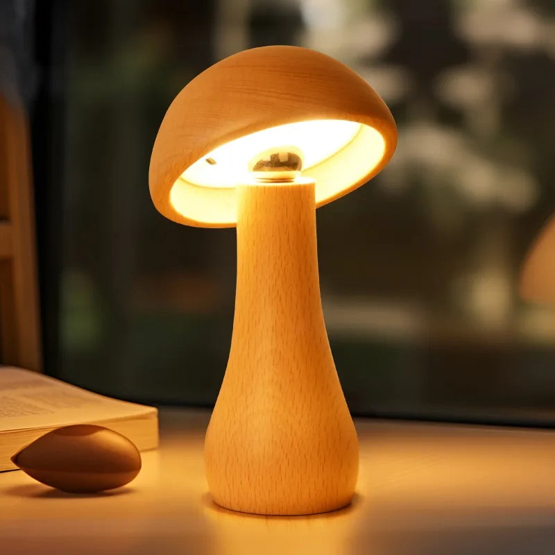 Dimbare houten paddestoel nachtlamp