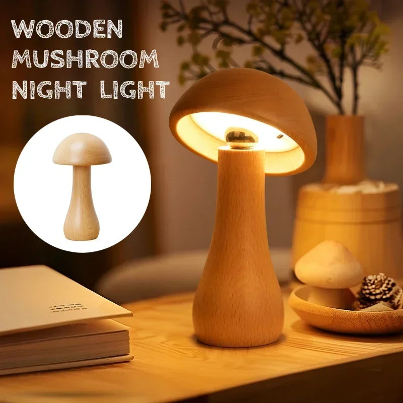 Dimbare houten paddestoel nachtlamp