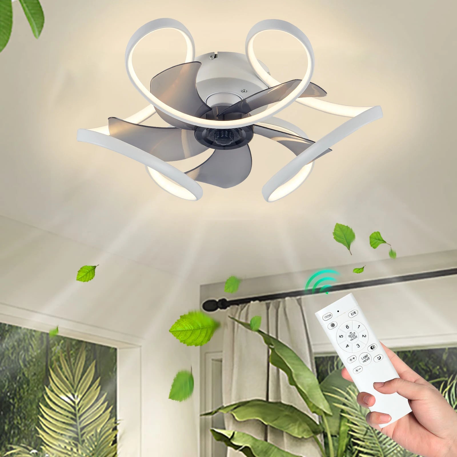 Design plafondventilator in bloemvorm met dimbare LED lamp