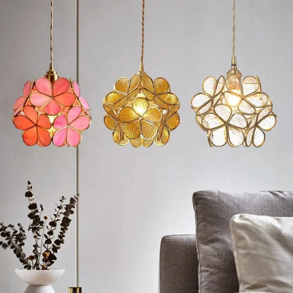 Glazen Hanglamp Bloem Vitrail Stijl Gekleurd Messing