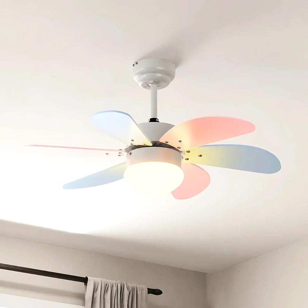 Plafondventilator kinderkamer met 6 pastelkleurige bladen en LED lamp