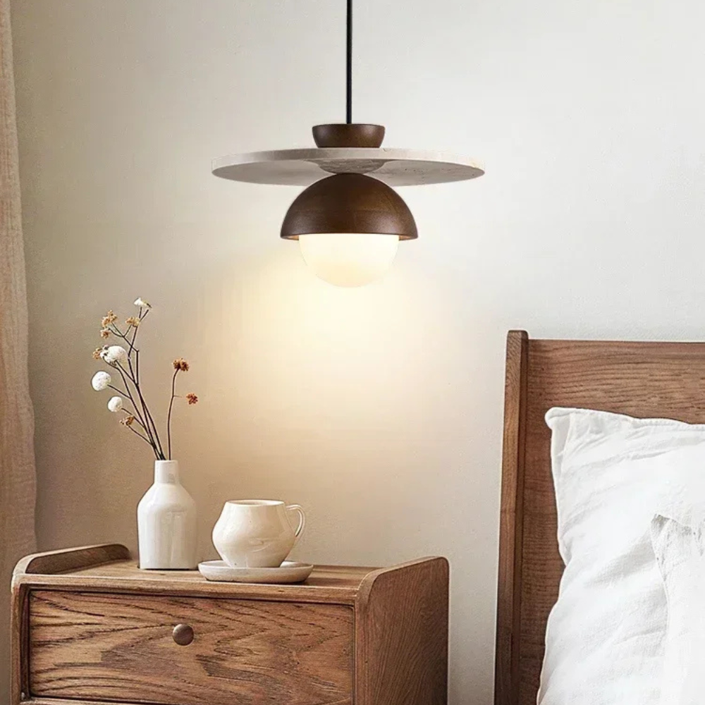 Terrazzo Platte Hanglamp Walnoot Hout Modern Japandi Design