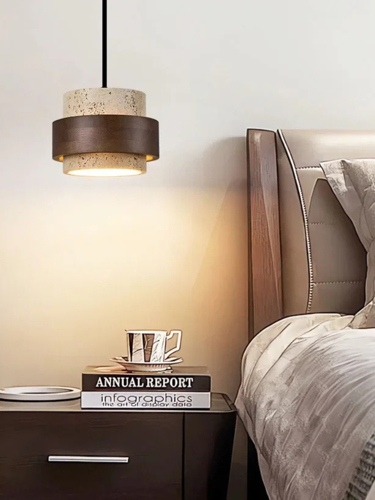 Walnoot Houten Hanglamp Steen Retro Cilinder Modern Design