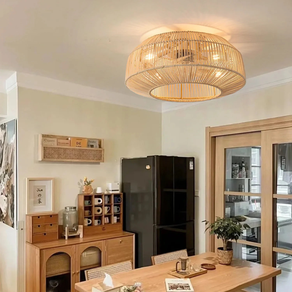 Stille rieten plafondventilator met lamp en afstandsbediening