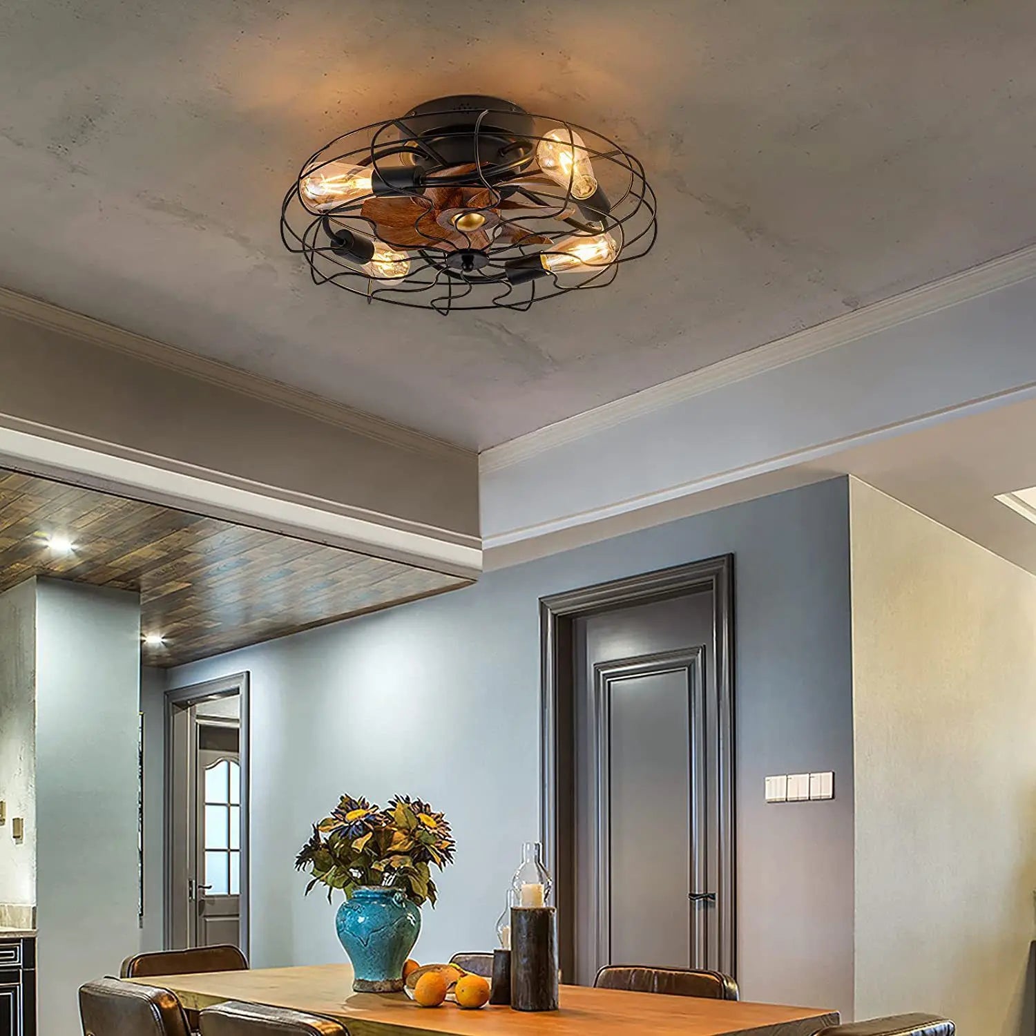 Industriële ventilator lamp zwart met metalen kooi en afstandsbediening