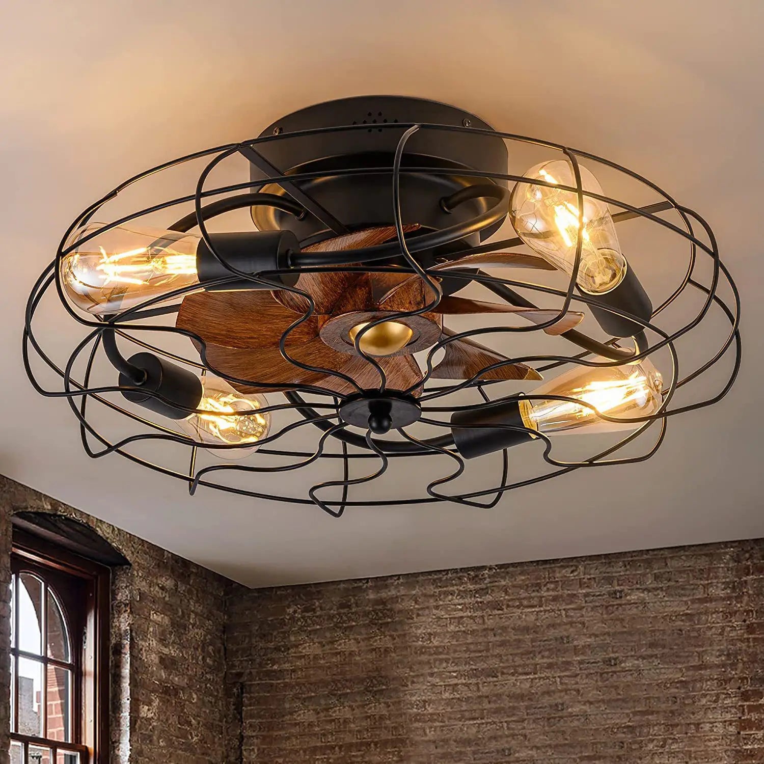 Industriële ventilator lamp zwart met metalen kooi en afstandsbediening