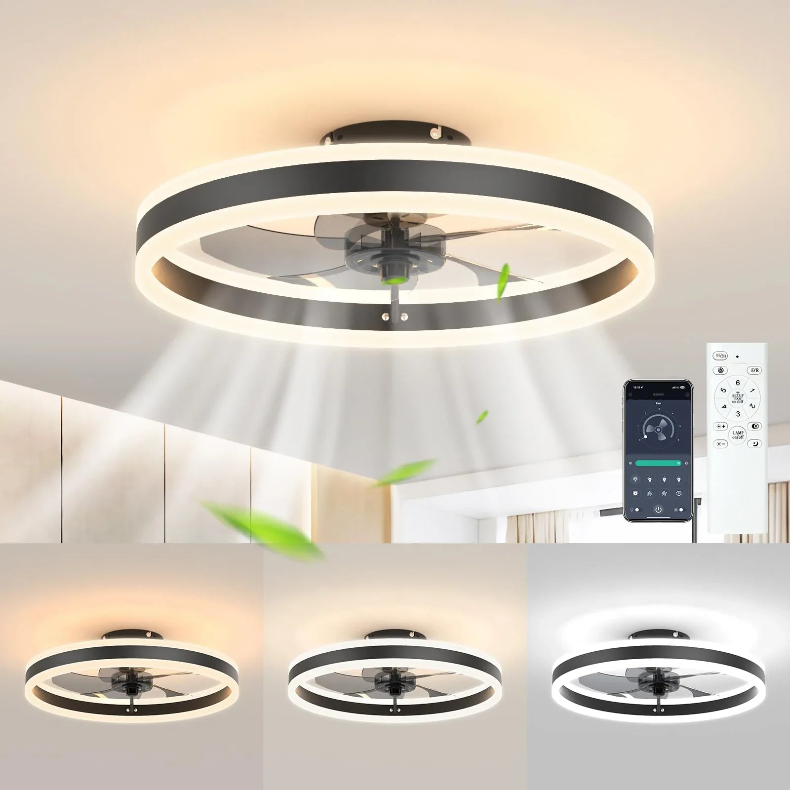 Plafondventilator voor zomer en winter met dimbare LED verlichting