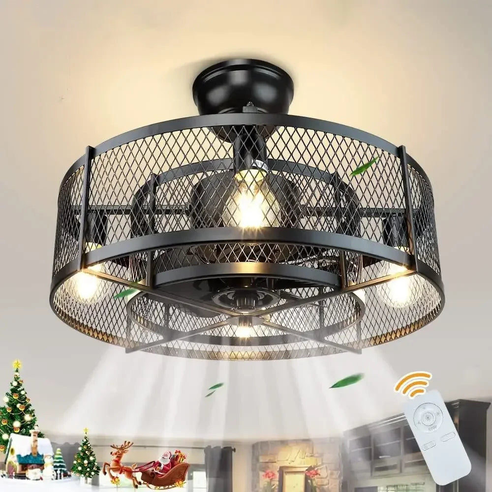 Industriële ventilator plafond lamp zwart met metalen gaas
