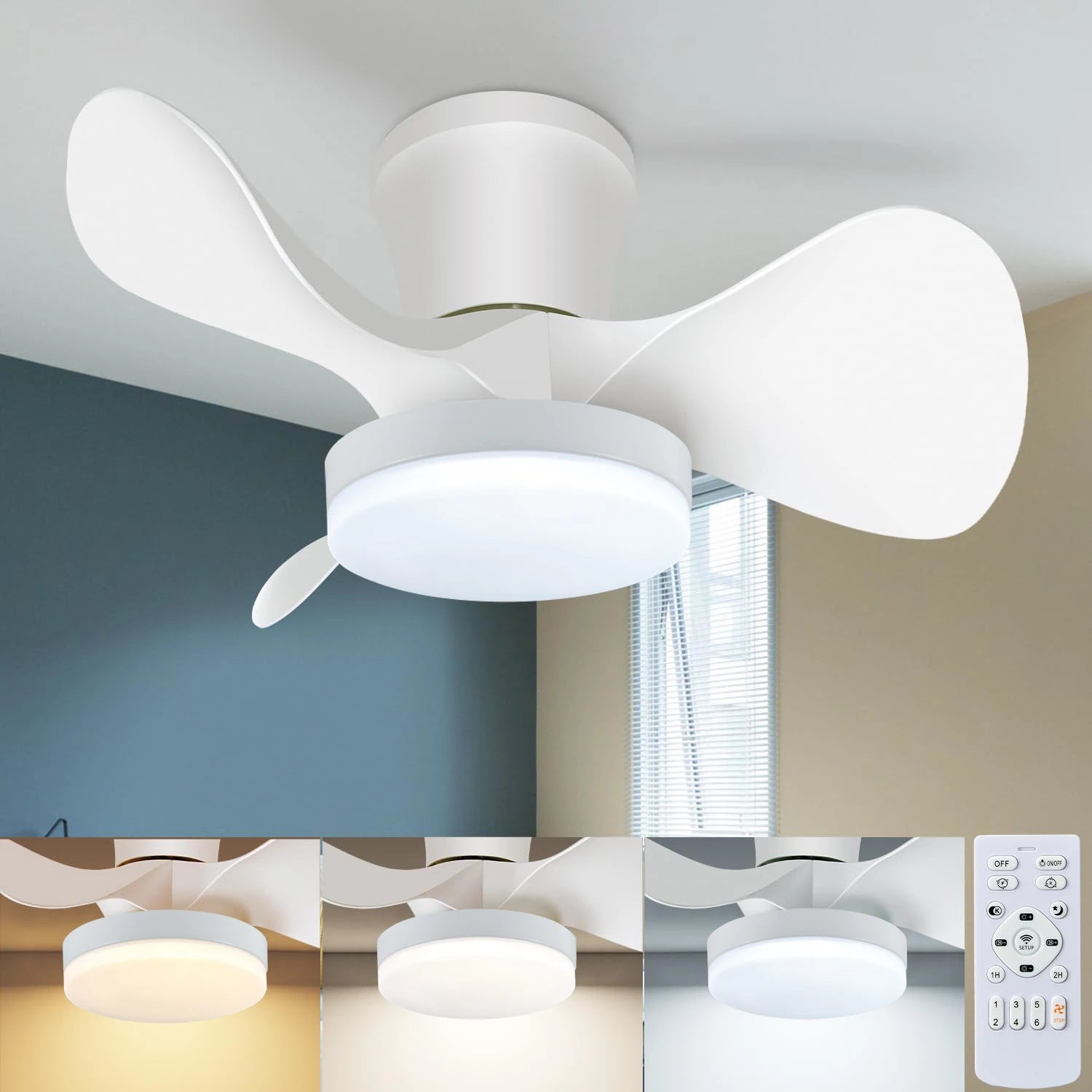 Kleine omkeerbare plafondventilator met dimbare LED lamp