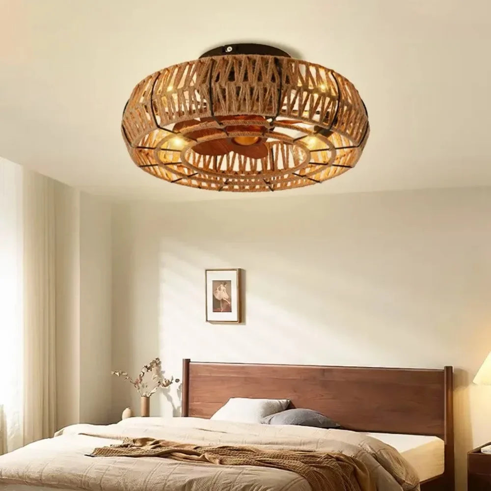 Plafond ventilator lamp van touw
