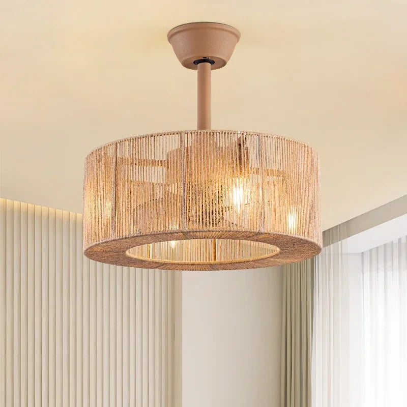 Retro ventilator plafondlamp van rotan
