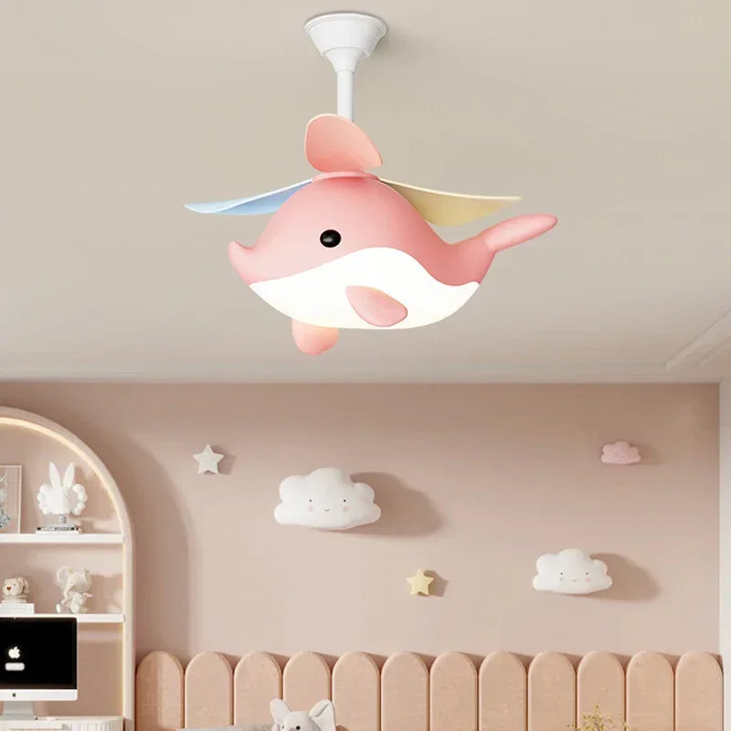 Plafondventilator voor de kinderkamer in walvis vorm met LED lamp
