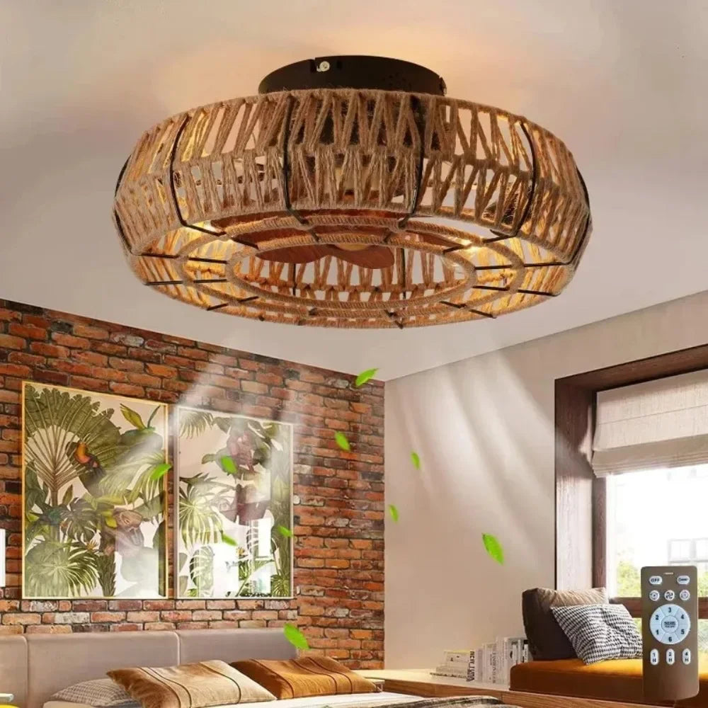 Plafond ventilator lamp van touw