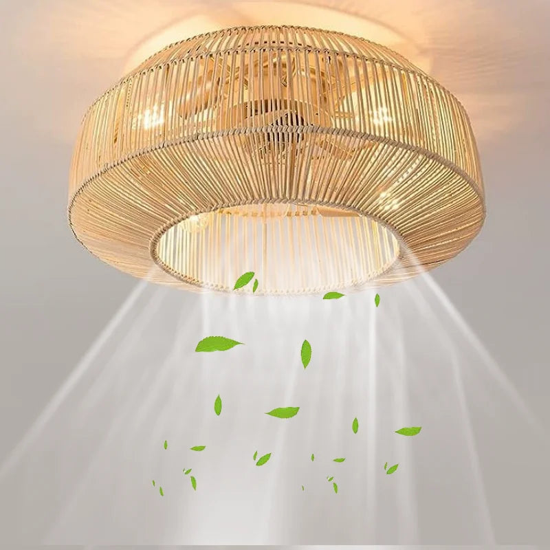 Stille rieten plafondventilator met lamp en afstandsbediening