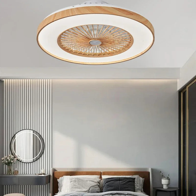Moderne plafondventilator met houtlook en lichtring met afstandsbediening