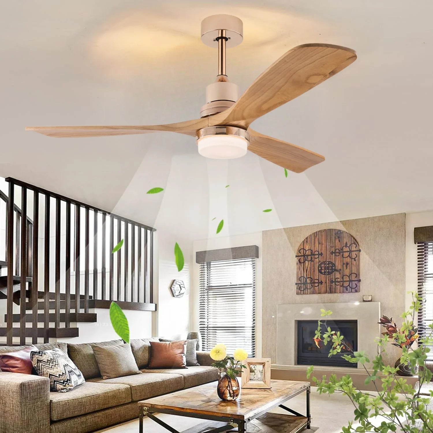 Houten design ventilator met LED lamp en afstandsbediening