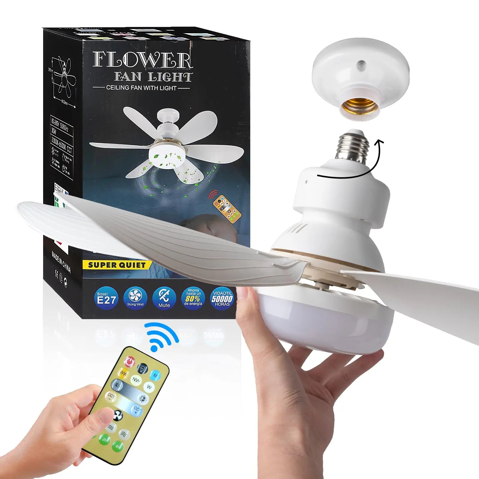Ventilator plafondlamp voor E27 fitting met LED en afstandsbediening