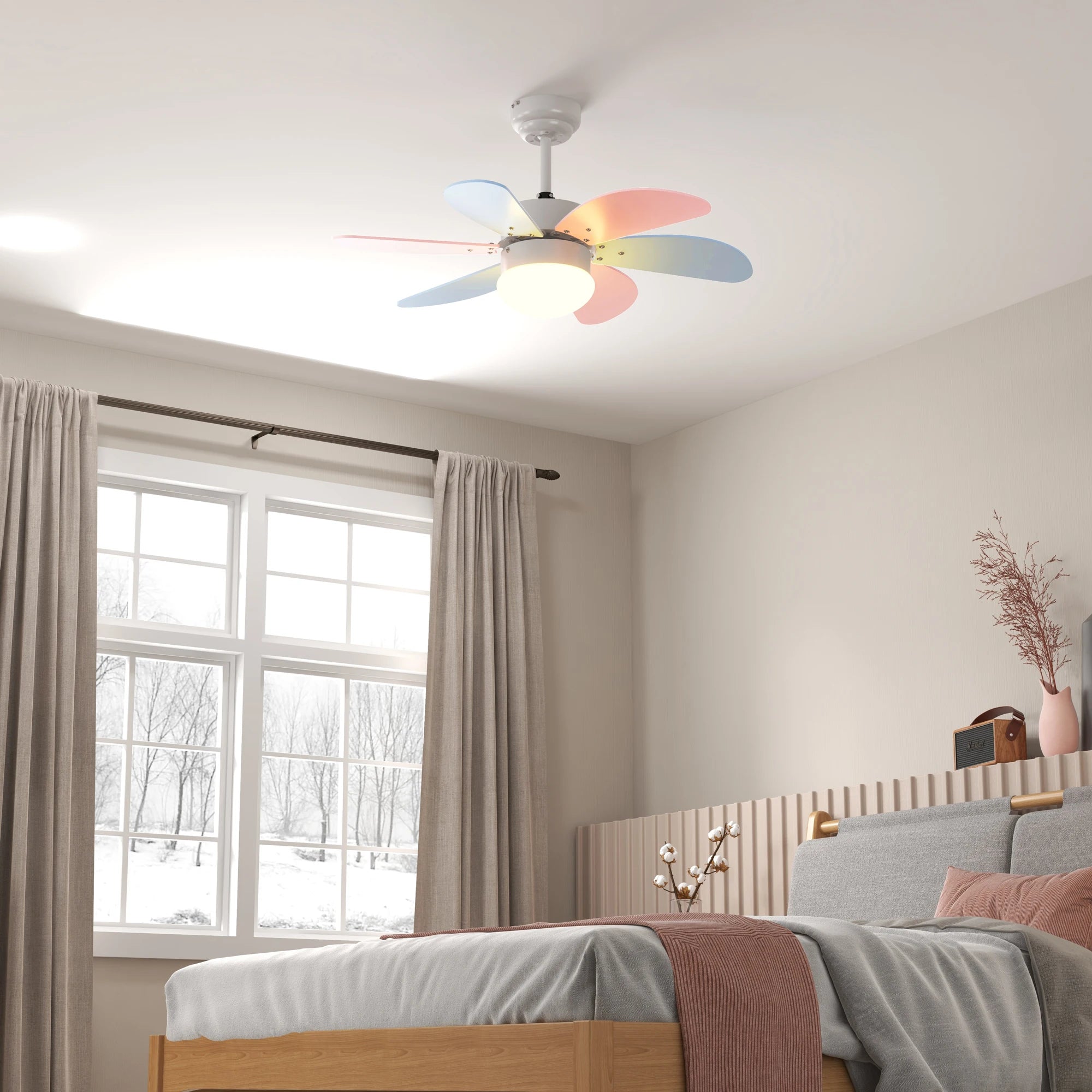Plafondventilator kinderkamer met 6 pastelkleurige bladen en LED lamp