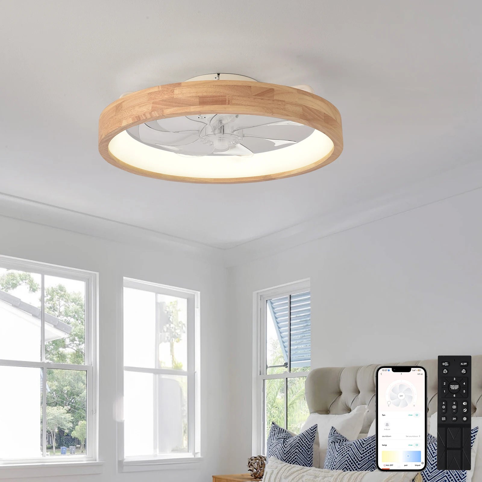Houten ventilator plafondlamp met LED